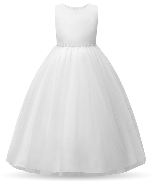 Flower Girl Pearl Dress Tulle Ball Gown Bow Prom with Heart Cutout for Wedding Birthday Party