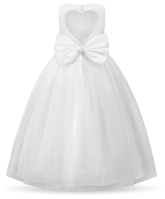 Flower Girl Pearl Dress Tulle Ball Gown Bow Prom with Heart Cutout for Wedding Birthday Party