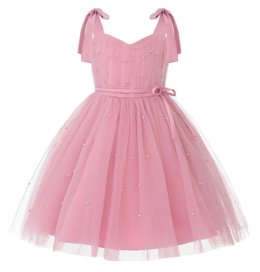 Flower Girls Pearl Dress Toddler Tulle Dresses with Bow Shoulder Straps for Wedding Party