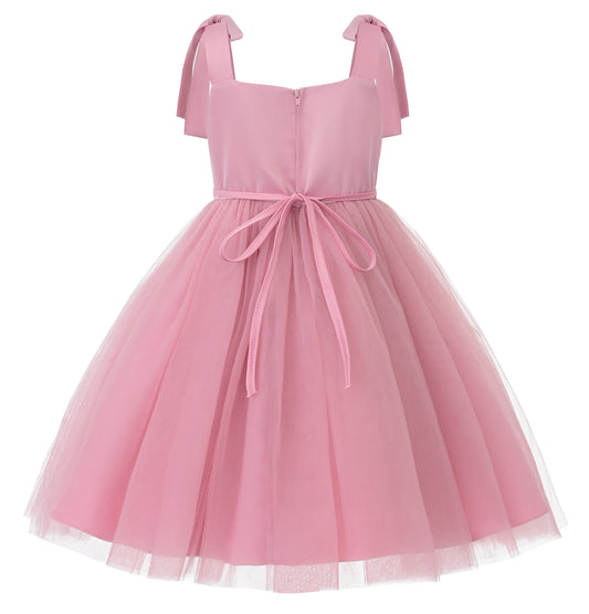 Flower Girls Pearl Dress Toddler Tulle Dresses with Bow Shoulder Straps for Wedding Party