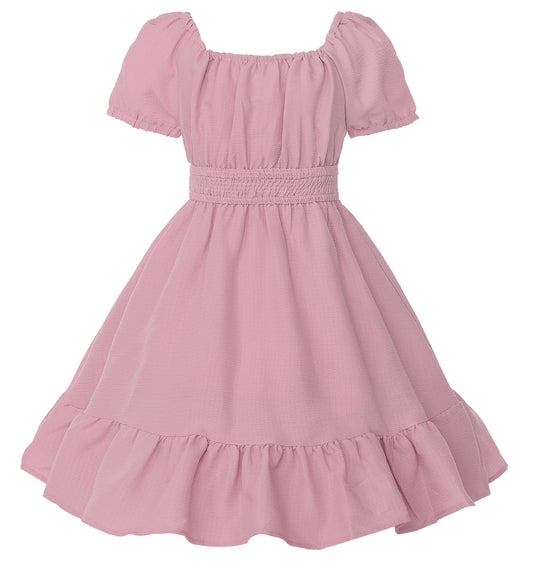 Girls Summer Casual Dress Bow Tie Back Dresses Off Shoulder Ruffled Hem