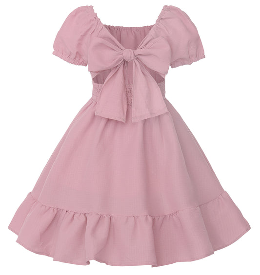 Girls Summer Casual Dress Bow Tie Back Dresses Off Shoulder Ruffled Hem