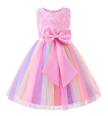 Little Girl's Sleeveless Tulle 3D Flower Rainbow Dress for Wedding Party