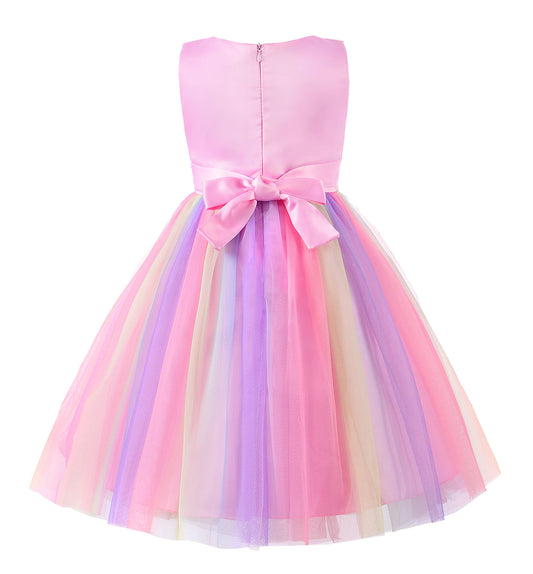 Little Girl's Sleeveless Tulle 3D Flower Rainbow Dress for Wedding Party