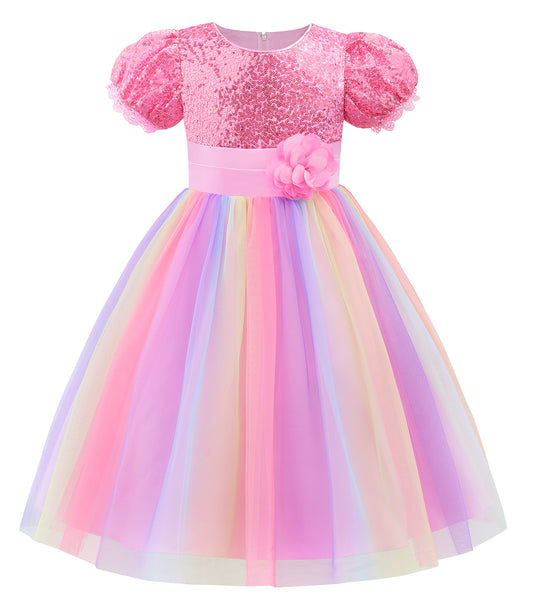 Flower Girl Sequin Dress Puff Sleeve Rainbow Dress for Wedding Party