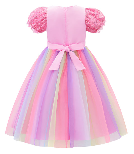 Flower Girl Sequin Dress Puff Sleeve Rainbow Dress for Wedding Party