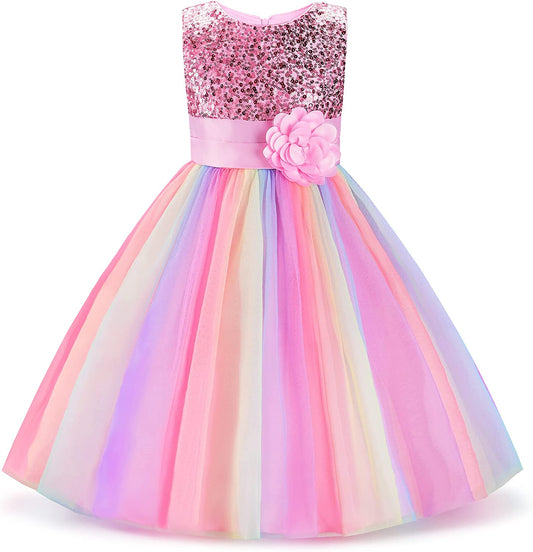 Little Girl's Sequin Sleeveless Mesh Rainbow Dress for Wedding Party